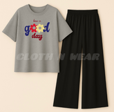 Grey t-shirt (good day) print with black flapper trouser